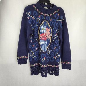 Women's Maggie Lawrence Navy Decorative Pull over Sweater M Floral Vintage